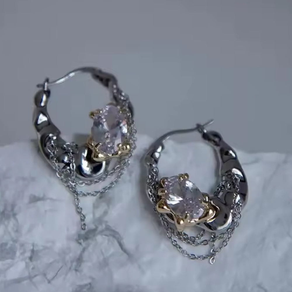 Punk Irregular Liquid Metal Shiny Rhinestone Hoop Earrings Clowncore Grunge Goth